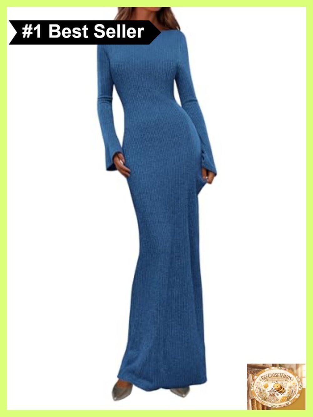 Women's Long Sleeve Bodycon Maxi Dress Ribbed Knit Boat Neck Bell Sleeve Fall